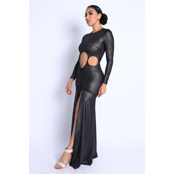 Womens Glitter Shirring Detailed Slit Cutout Maxi Dress Club Party Black Dress - Picture 7 of 11